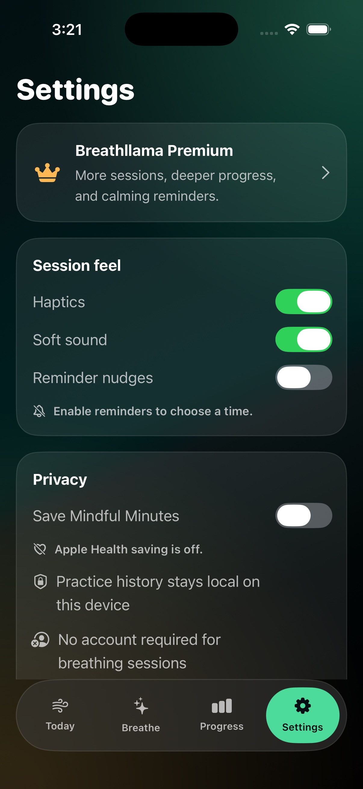 Breathllama Settings screen showing privacy and Mindful Minutes