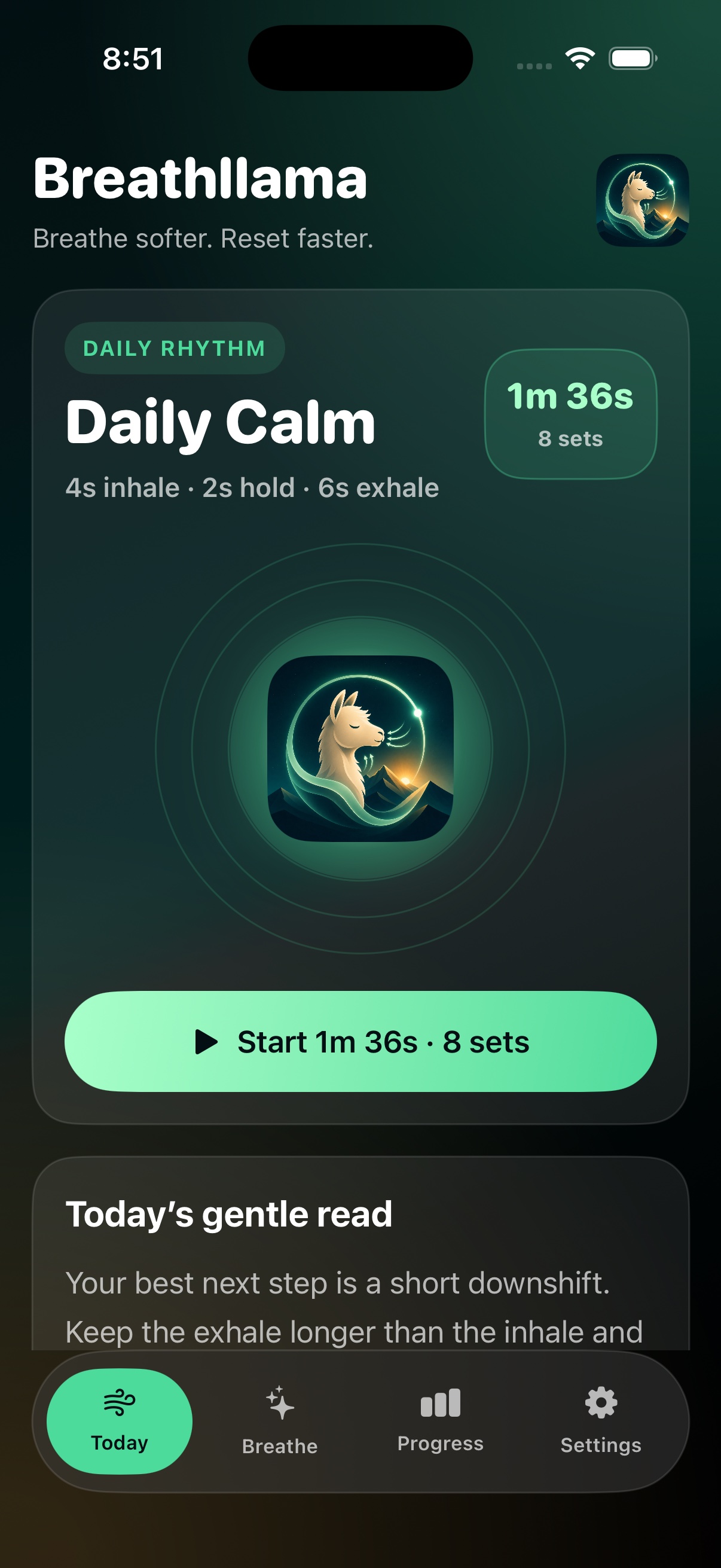 Breathllama Today screen